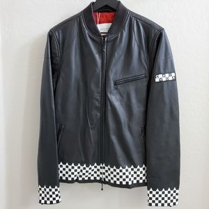 NWT Leather Ovadia & Sons Checker Print Biker Jacket